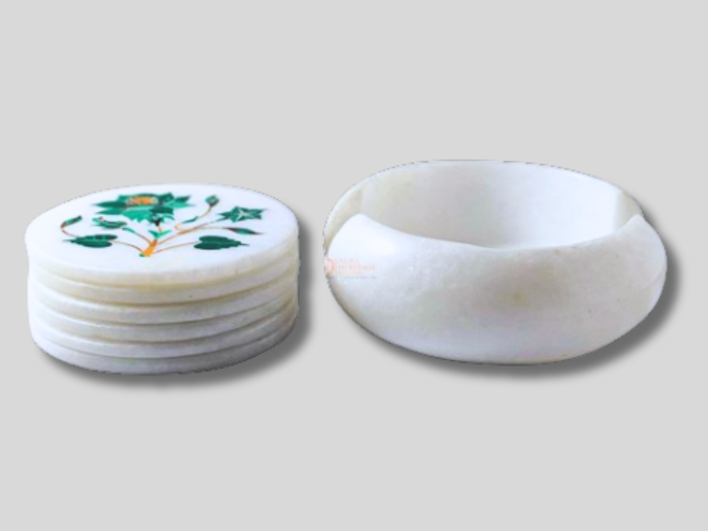 Round Marble Malachite Coaster Set Inlay Floral Home Decor Gifts